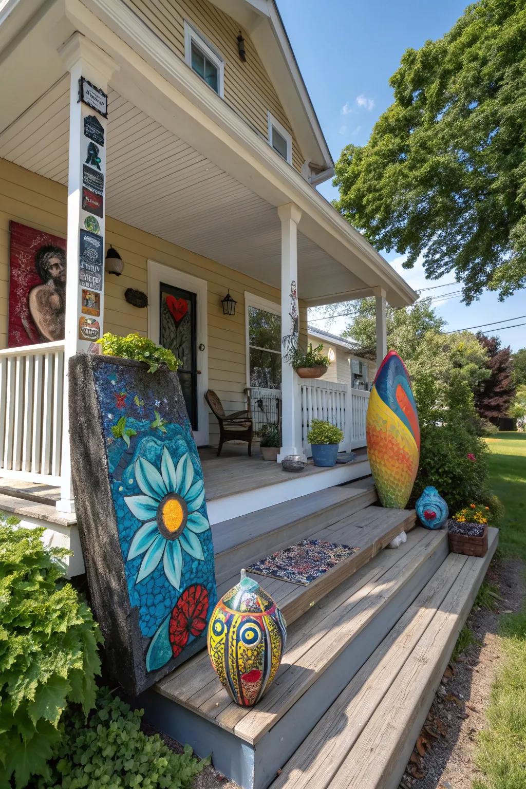 Outdoor art displays making a statement on the porch.