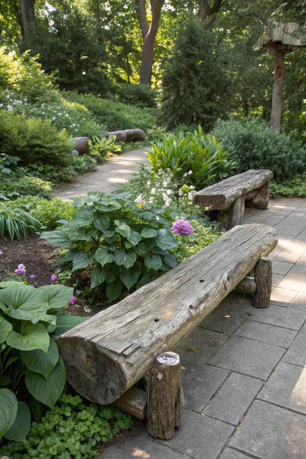 Enjoy a peaceful rest on rustic log benches.