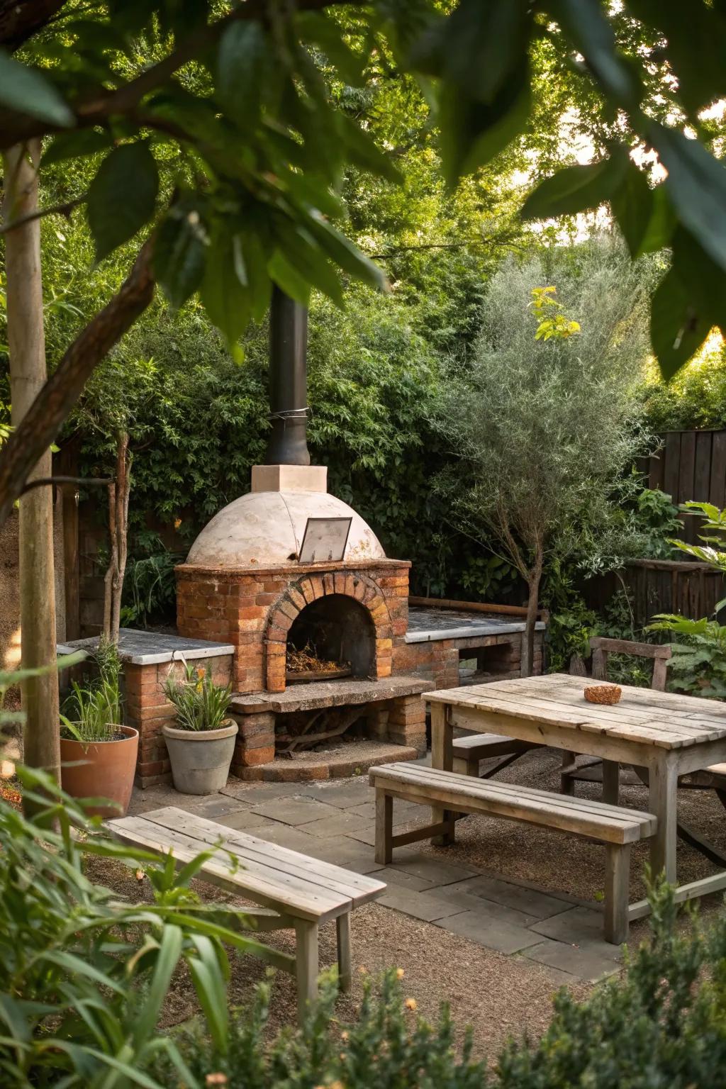A rustic pizza oven setup that invites relaxation and socializing.