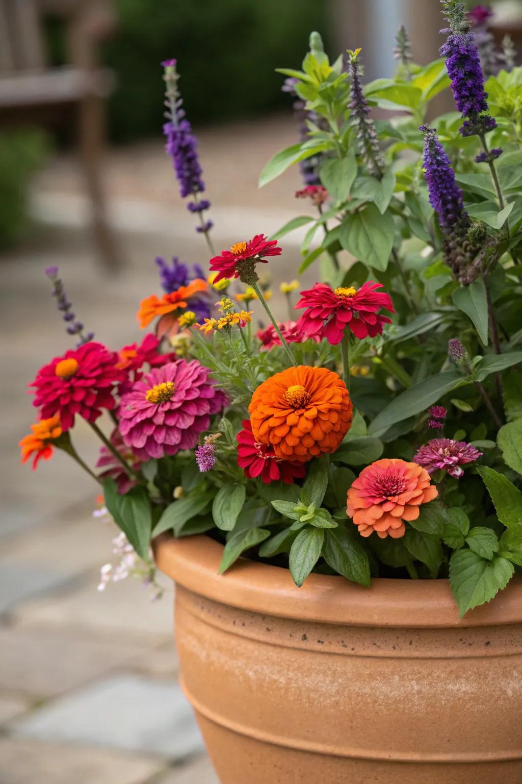 Bold and beautiful with vibrant zinnias and salvia.