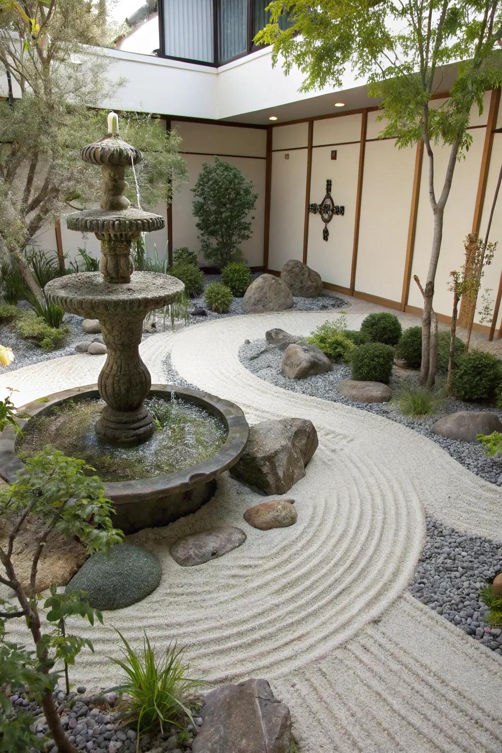 Zen garden elements create a meditative retreat around fountains.