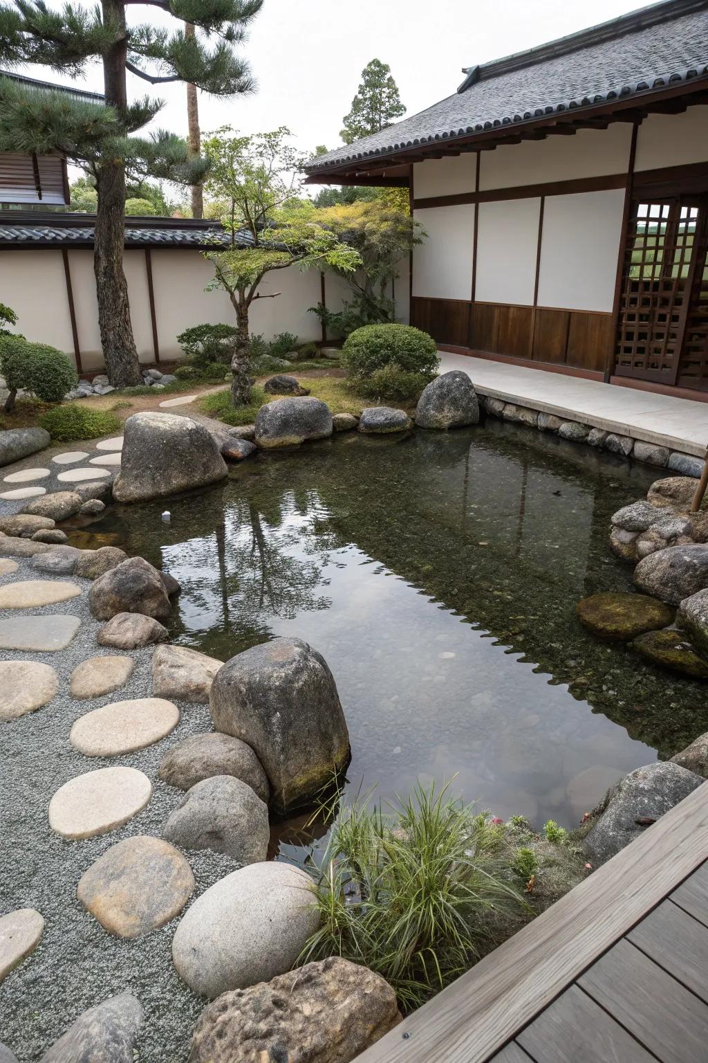 Japanese Zen pond providing a tranquil and minimalist garden retreat.