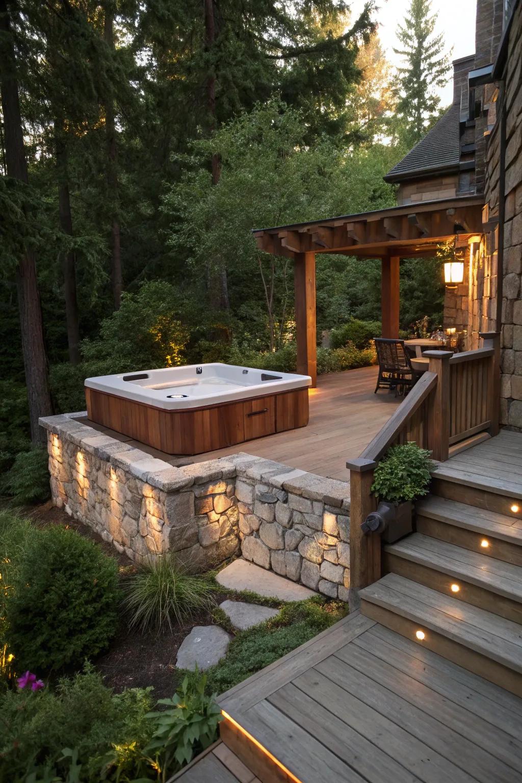 Stone and wood create a rustic yet elegant hot tub platform.