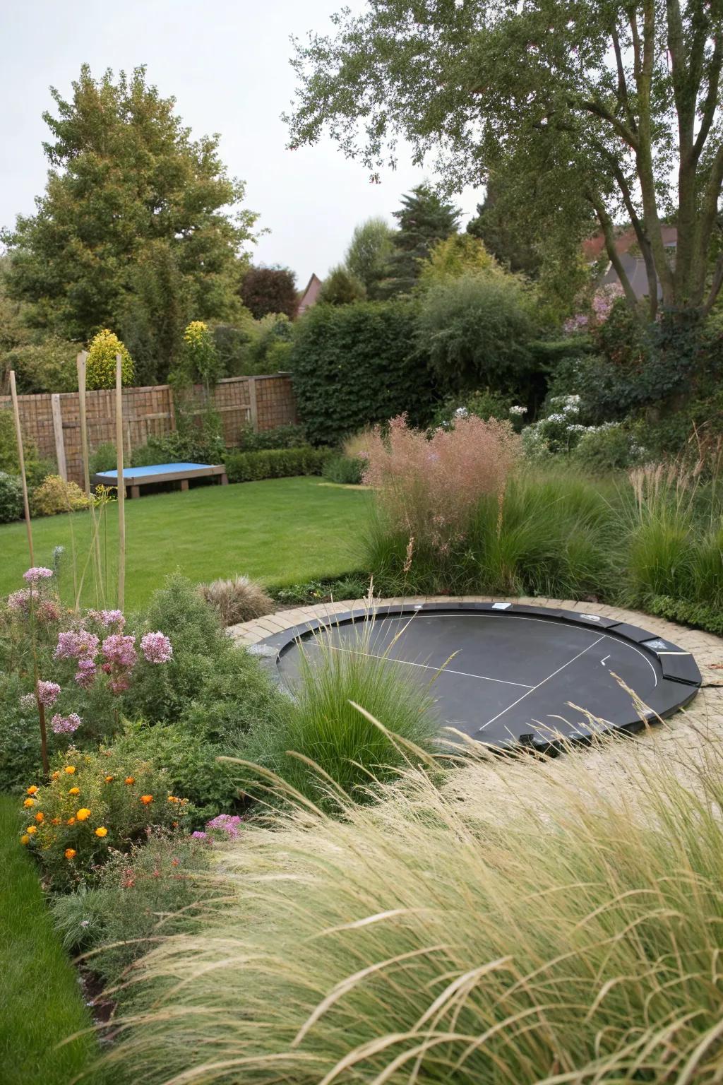 An in-ground trampoline offers a sleek, safe, and integrated play option.
