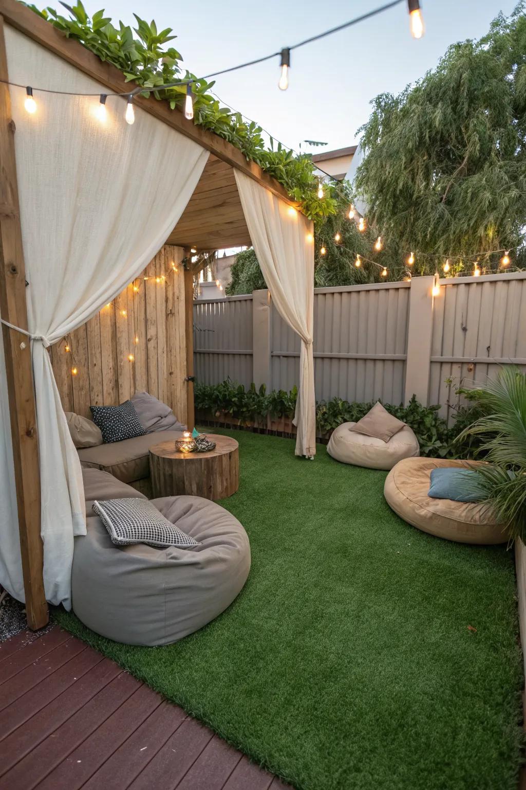 A reading corner on turf offers a peaceful retreat for young bookworms.