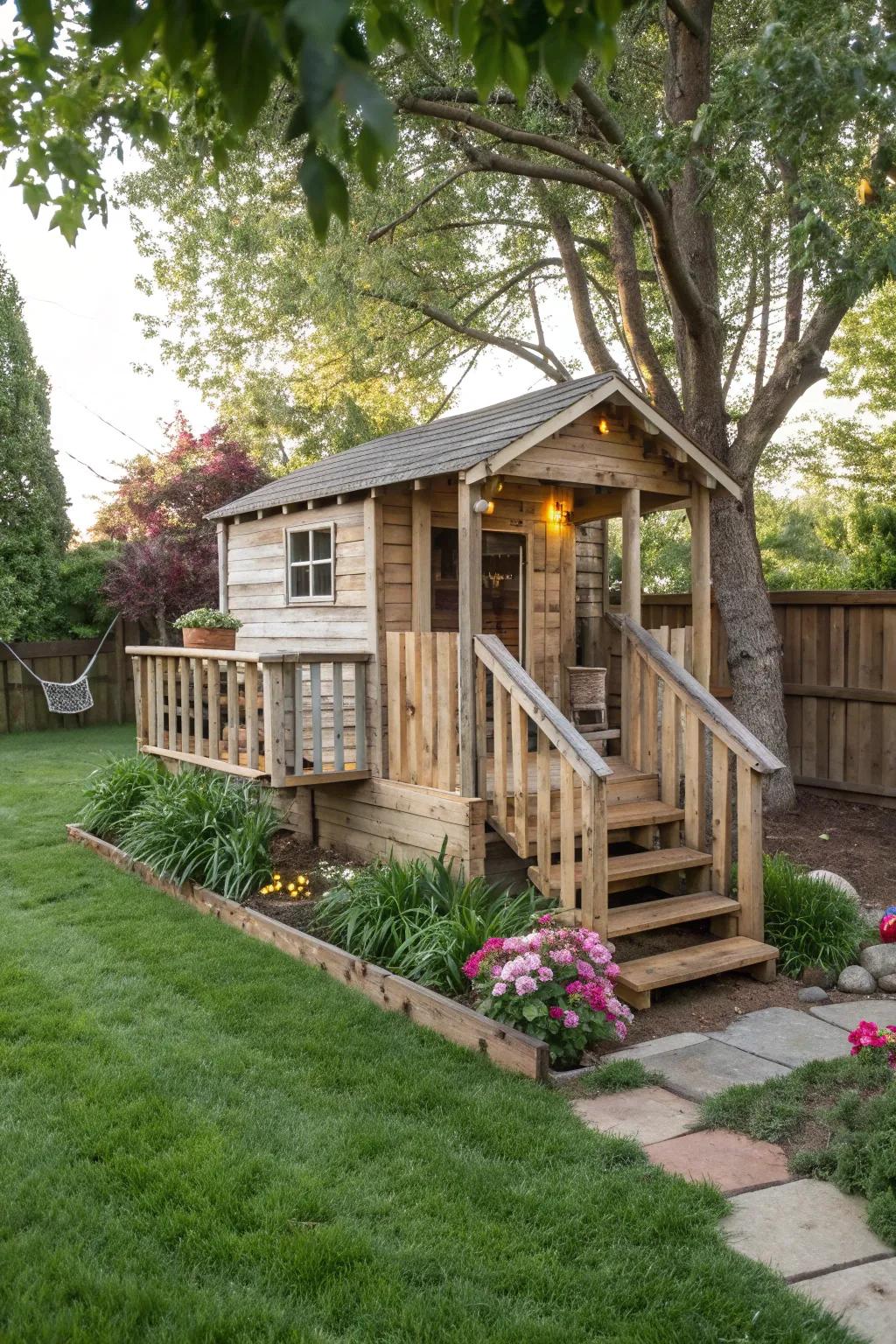 Pallet wood railings add rustic charm and warmth to the playhouse.