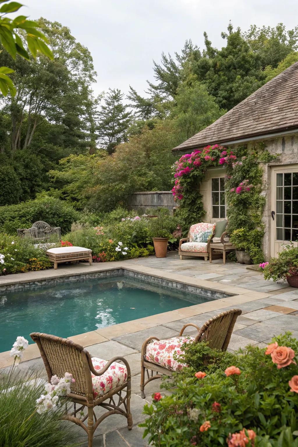 A charming cottage-style plunge pool with quaint floral accents.