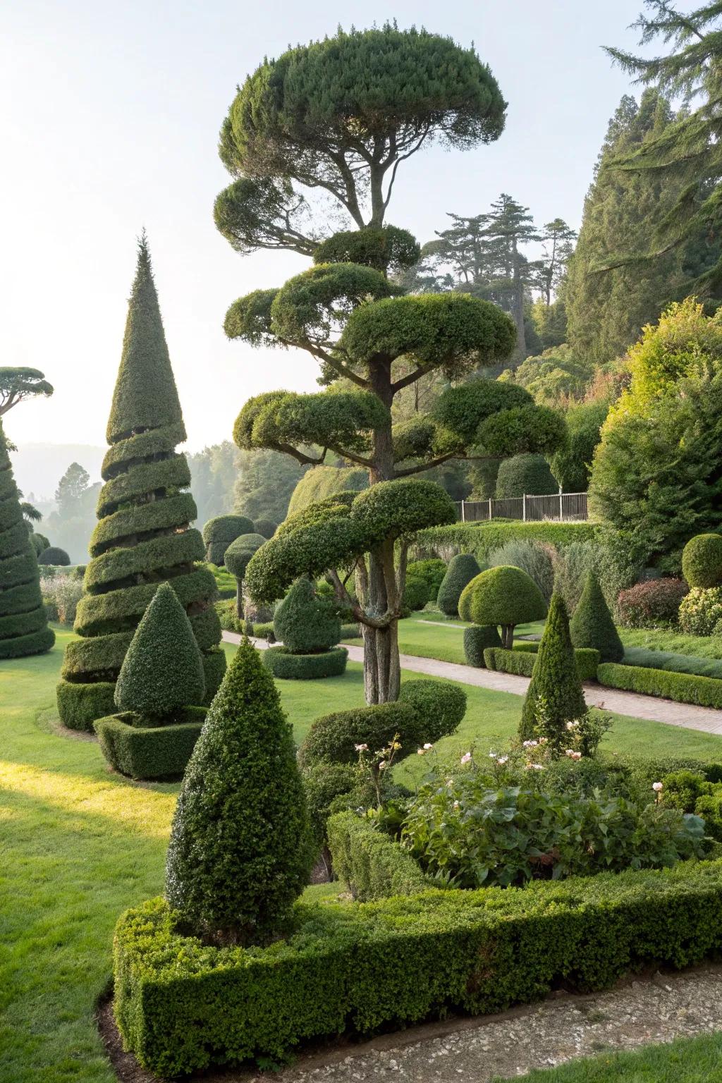 Whimsical topiary art created from podocarpus, adding garden charm.