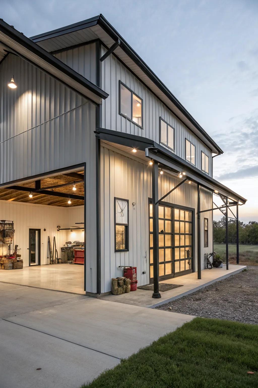 Steel accents bring industrial chic to a pole barn.