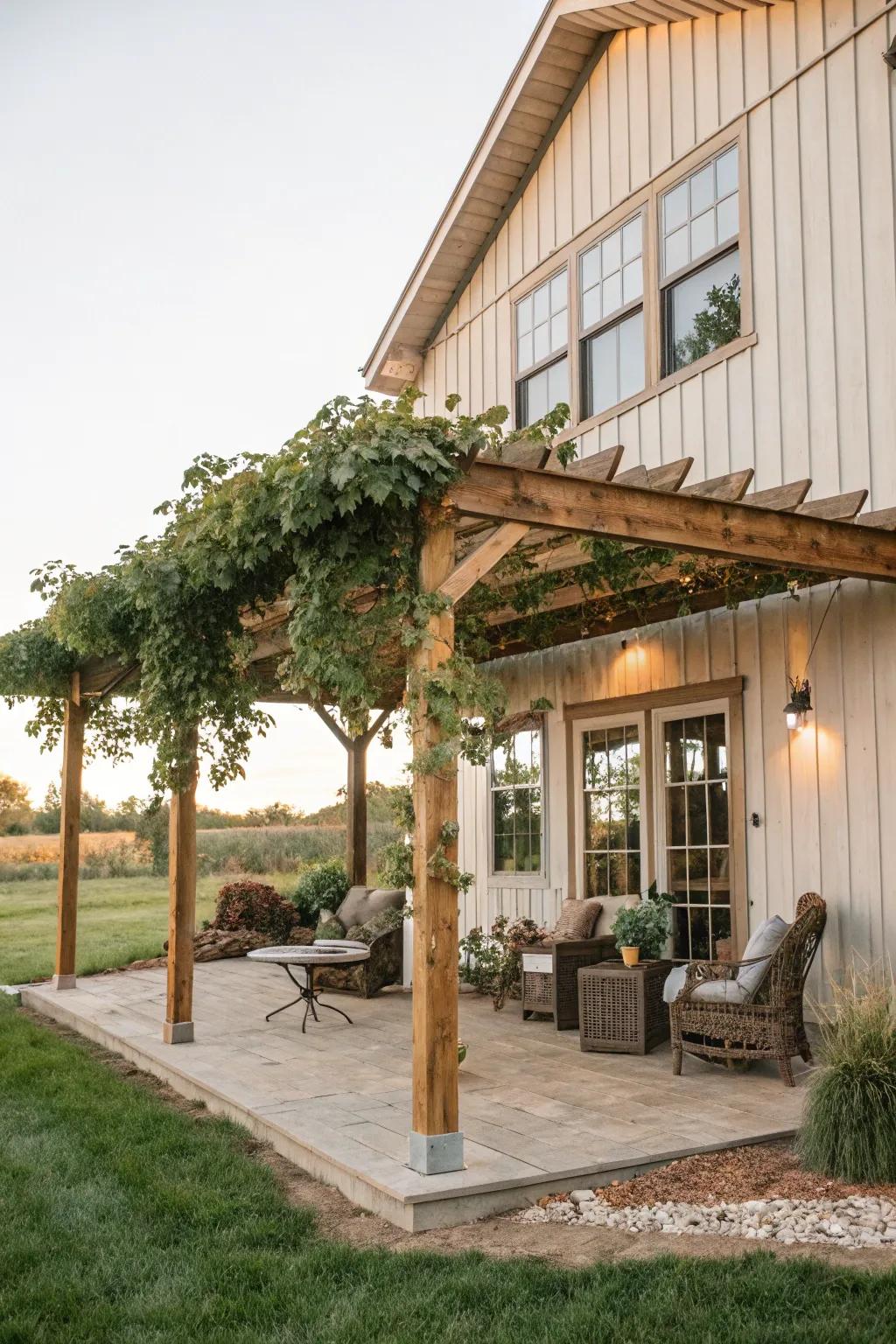 A pergola adds elegance and provides shade for gatherings.