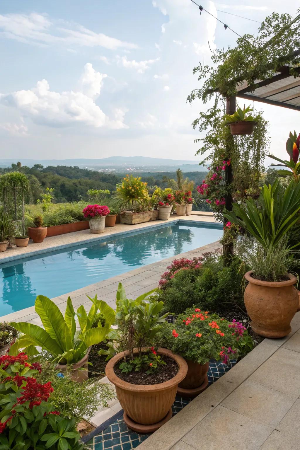 Potted plants add flexibility and freshness to your poolside decor.