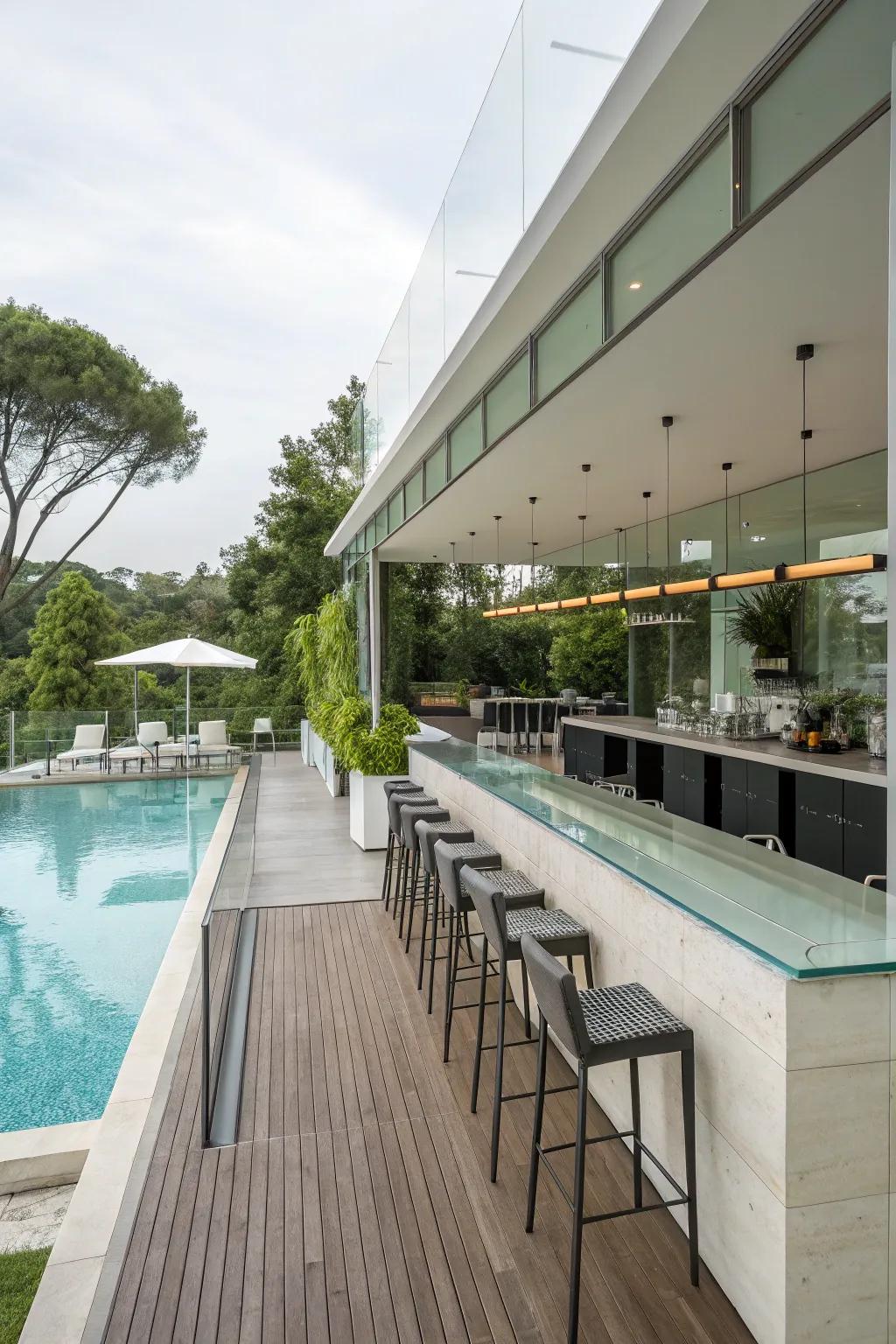 Seamless glass railings offer unobstructed views and modern elegance for your pool bar.