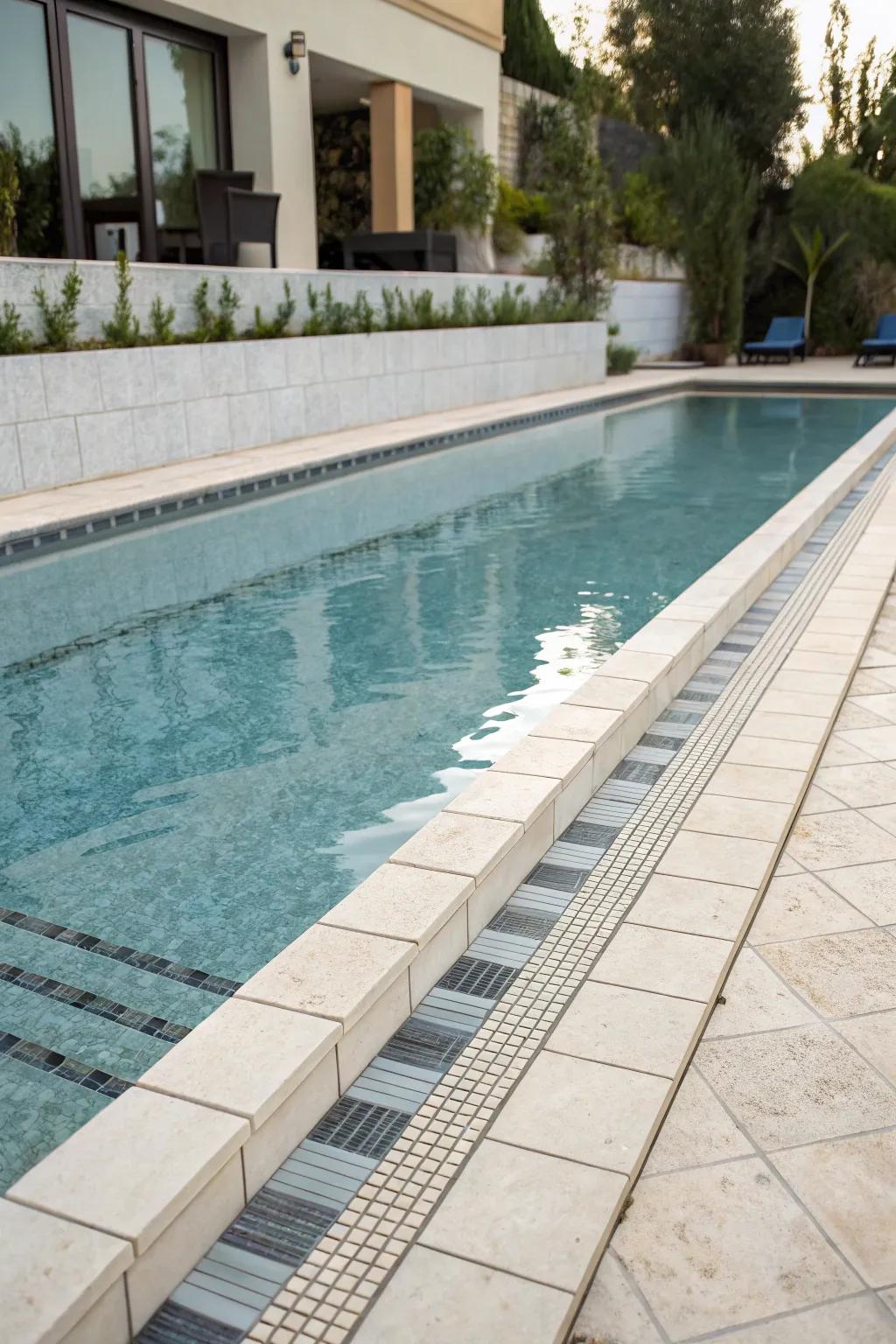 Linear tiles offer a simple, streamlined poolside aesthetic.