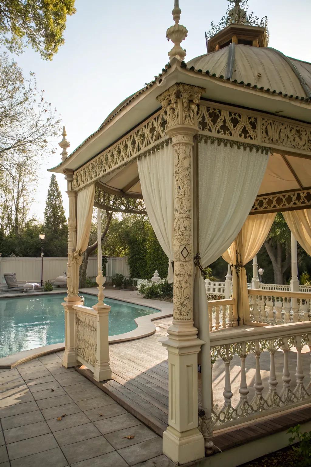 Vintage-style canopies add timeless charm to your poolside sanctuary.