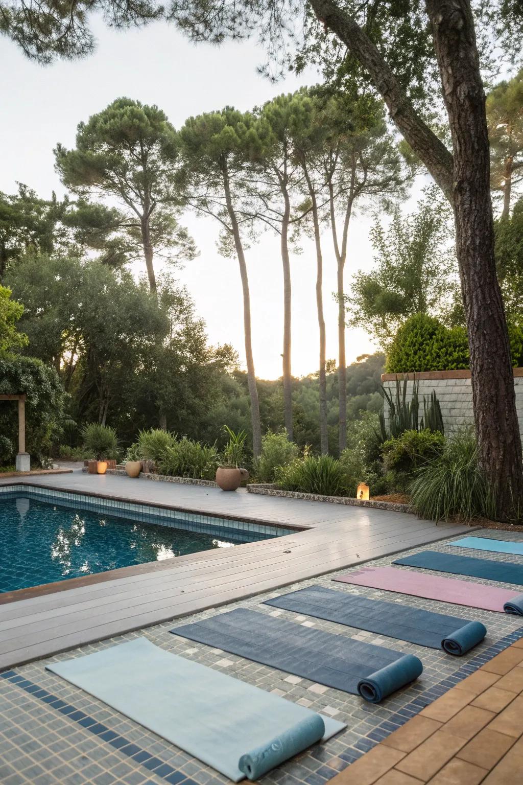 A tranquil yoga space replaces the pool.