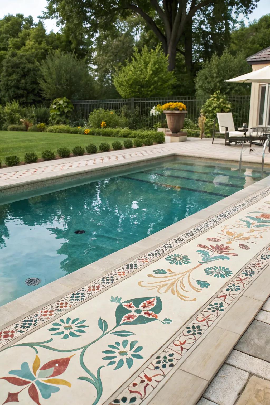 Custom stencils offer a personal touch to pool coping.