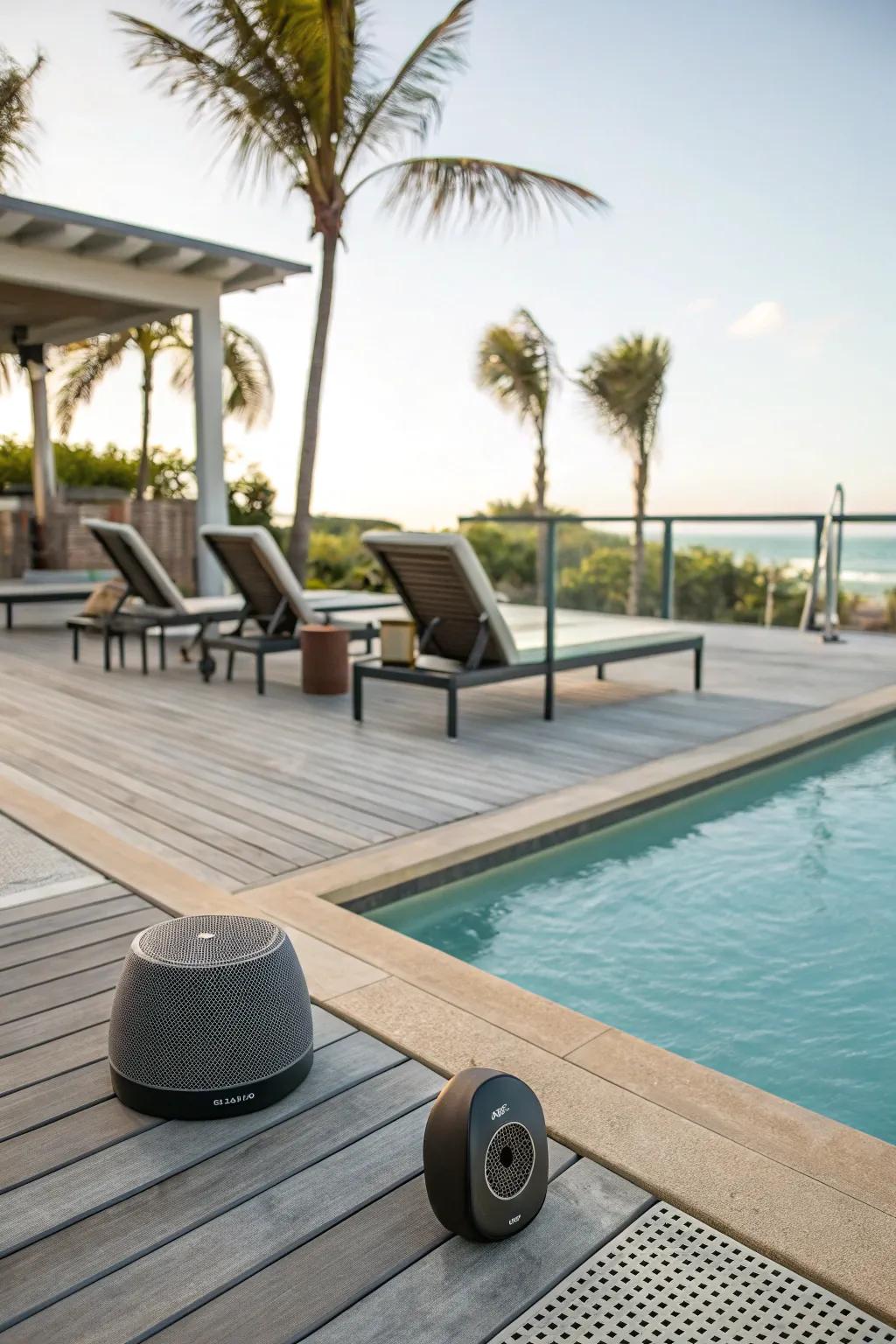 A pool deck equipped with discreet outdoor speakers.
