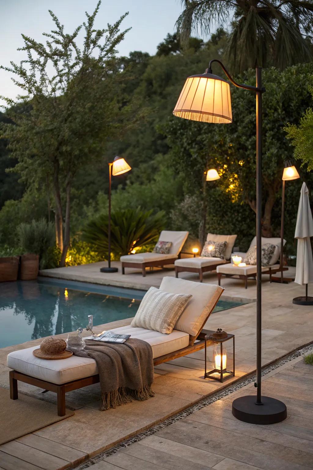 Indoor comfort brought outdoors with floor lamps.