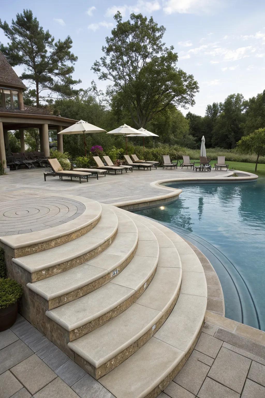 Wraparound steps enhance accessibility and style.