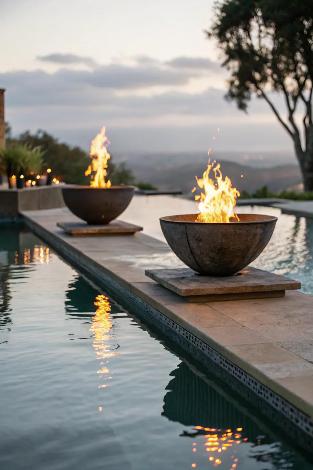 Symmetrical fire bowls for a harmonious poolside design.