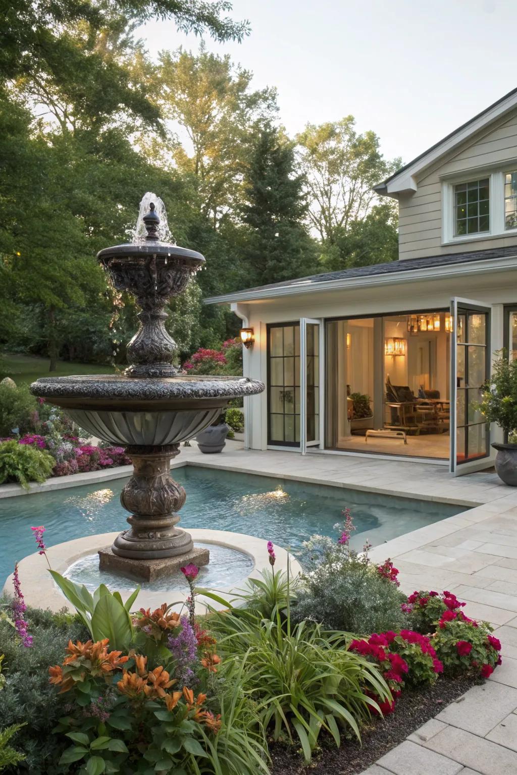 A water feature adds serenity and elegance to the decor.