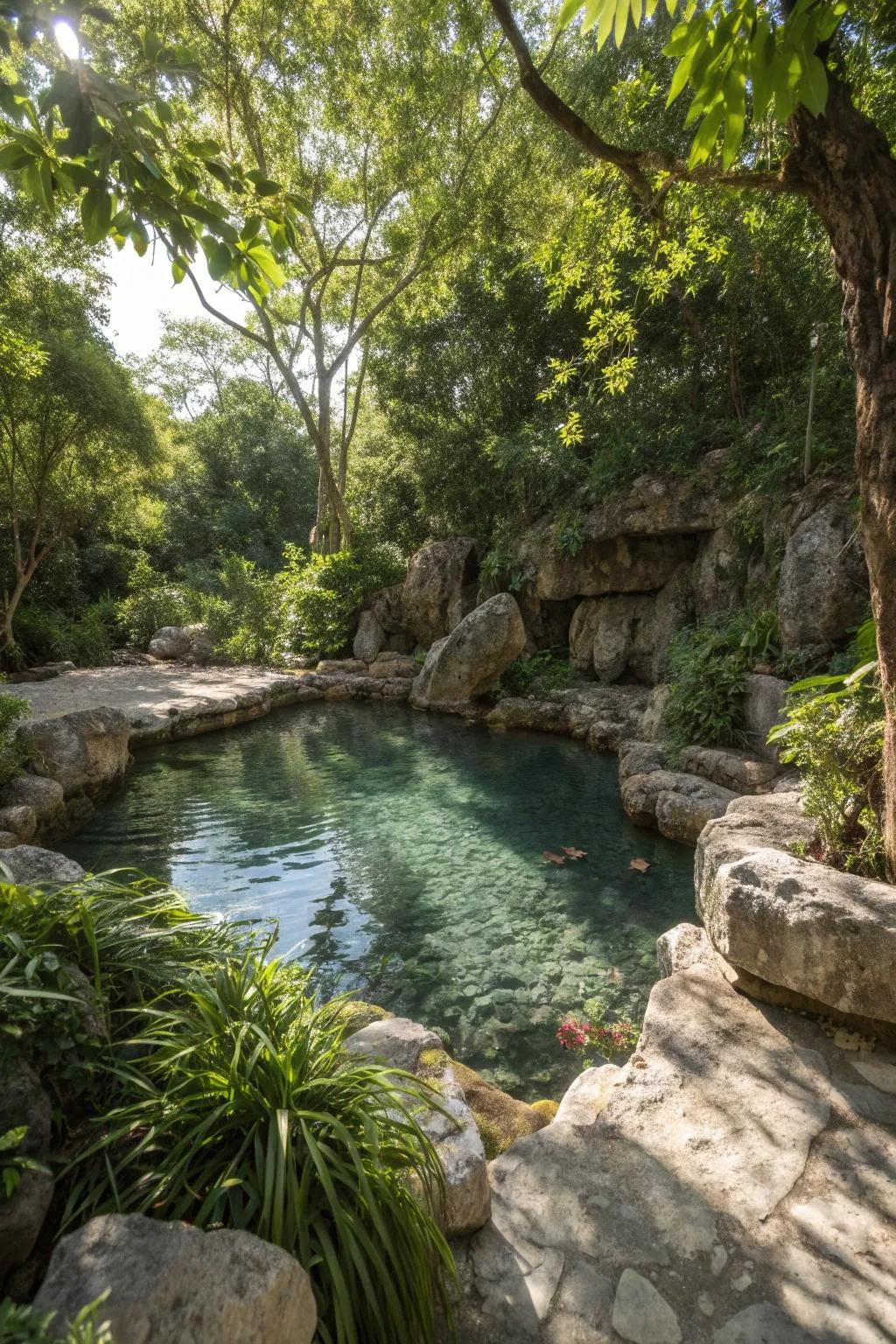 A natural pool seamlessly integrated with its surrounding landscape.