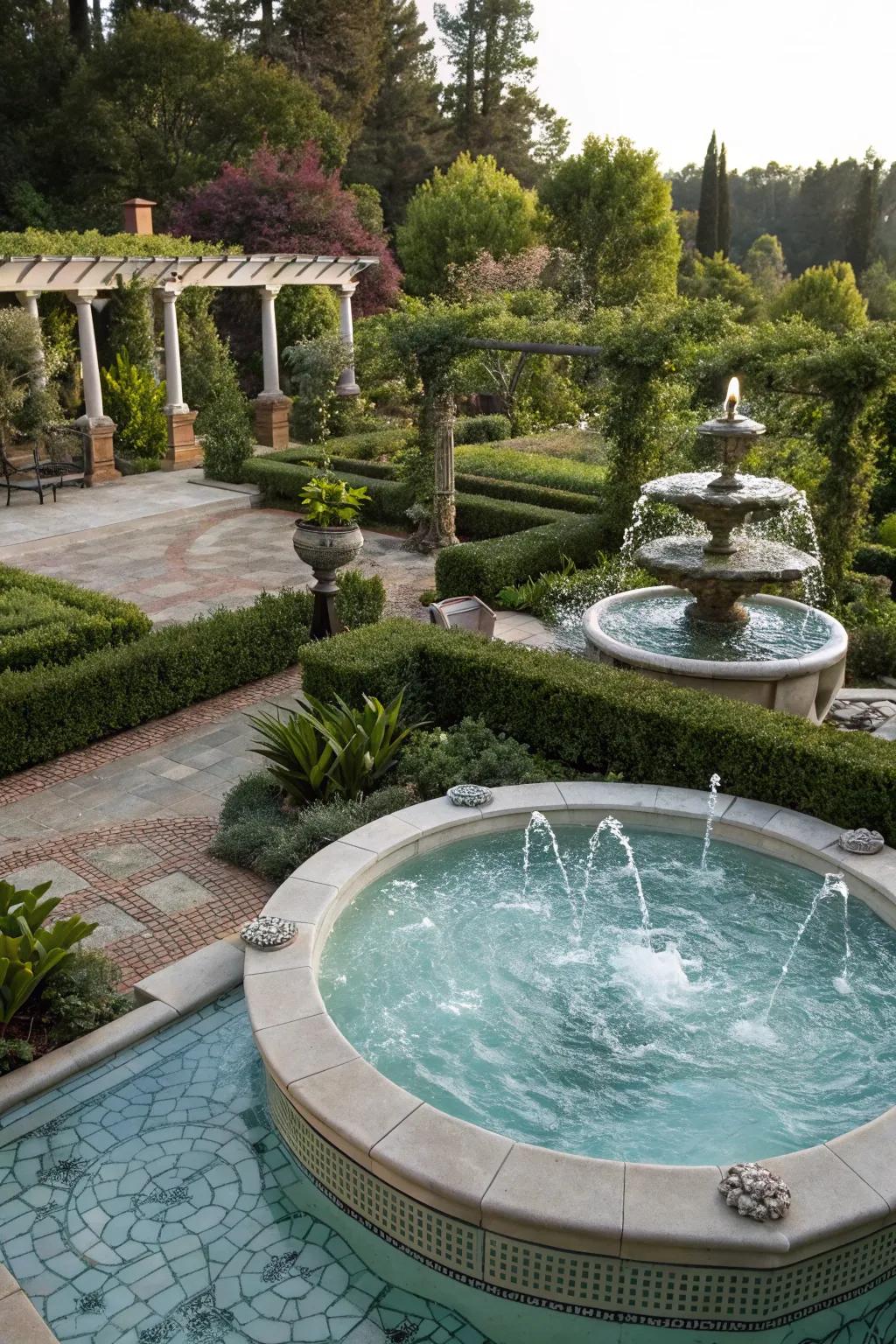 A pool and jacuzzi surrounded by an intricate water garden for a unique touch.
