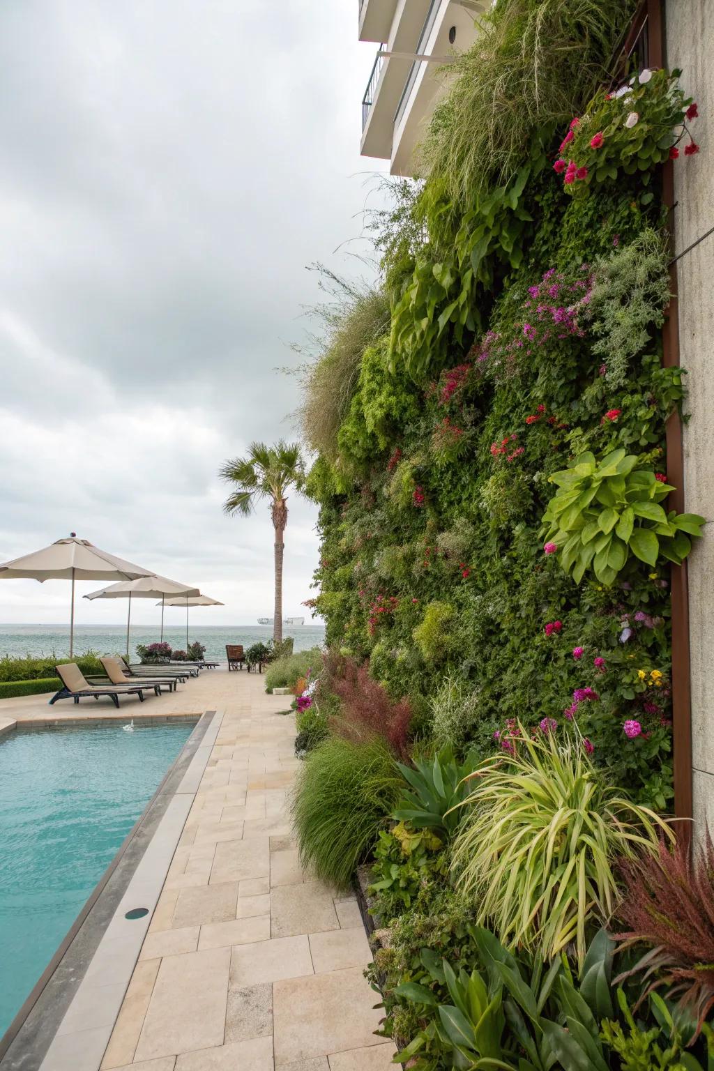 Vertical gardens bring modern greenery to small poolside spaces.