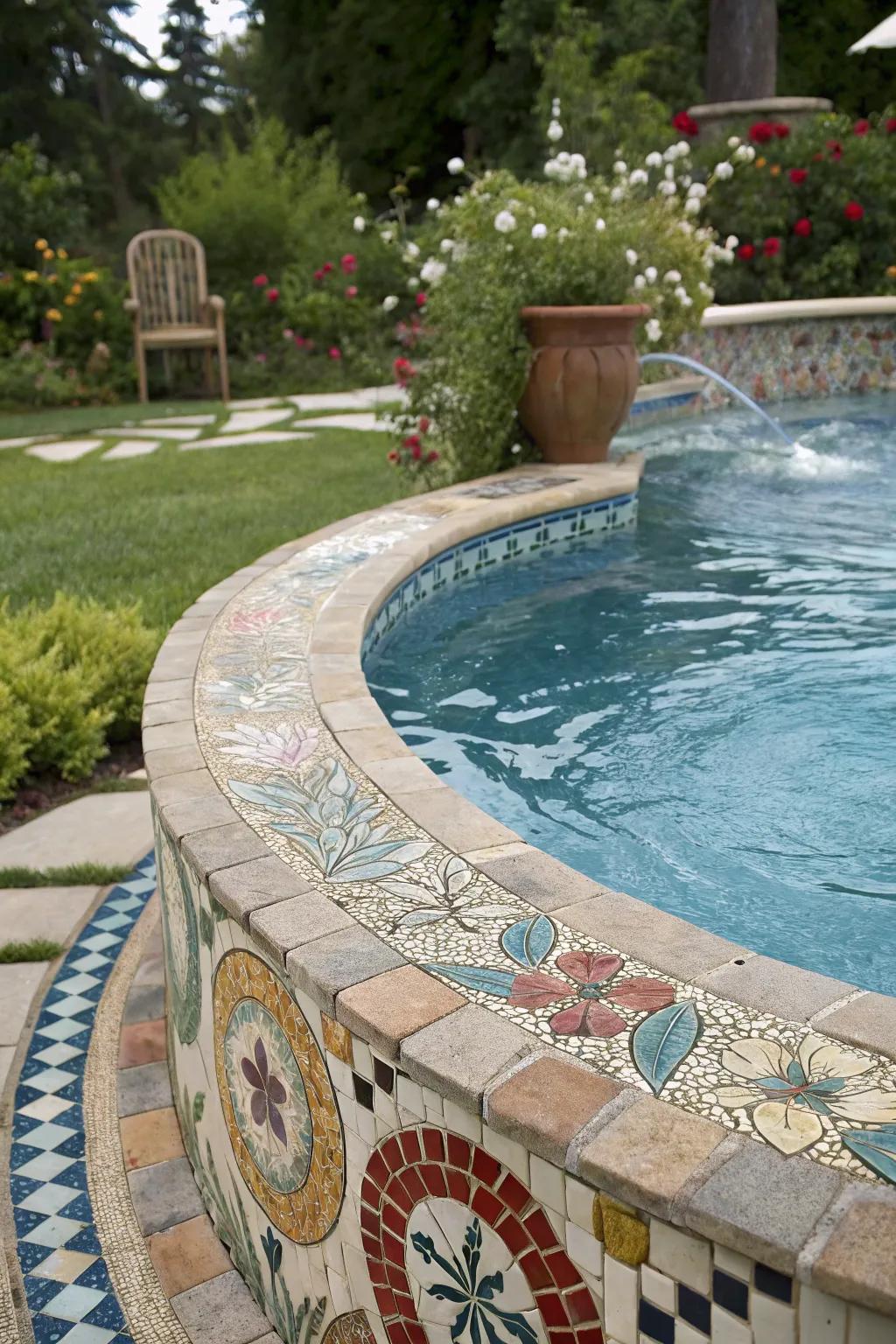 An eclectic pool design with a unique mix of mosaic styles.