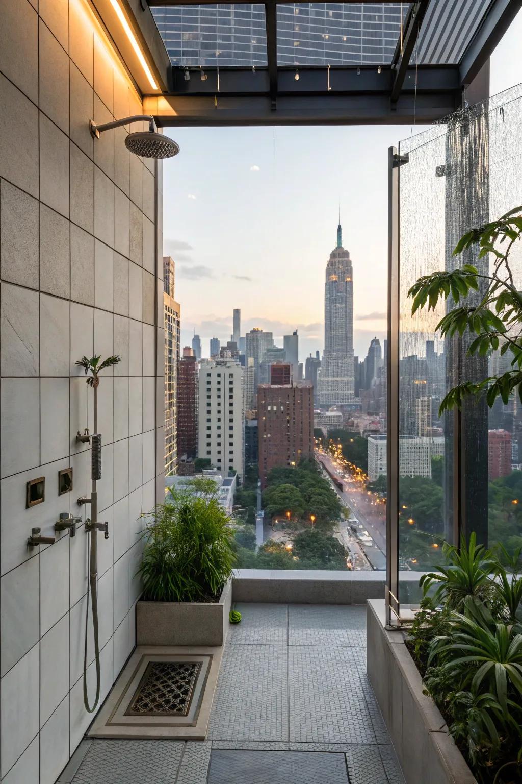 A rooftop shower provides a refreshing escape with city views.