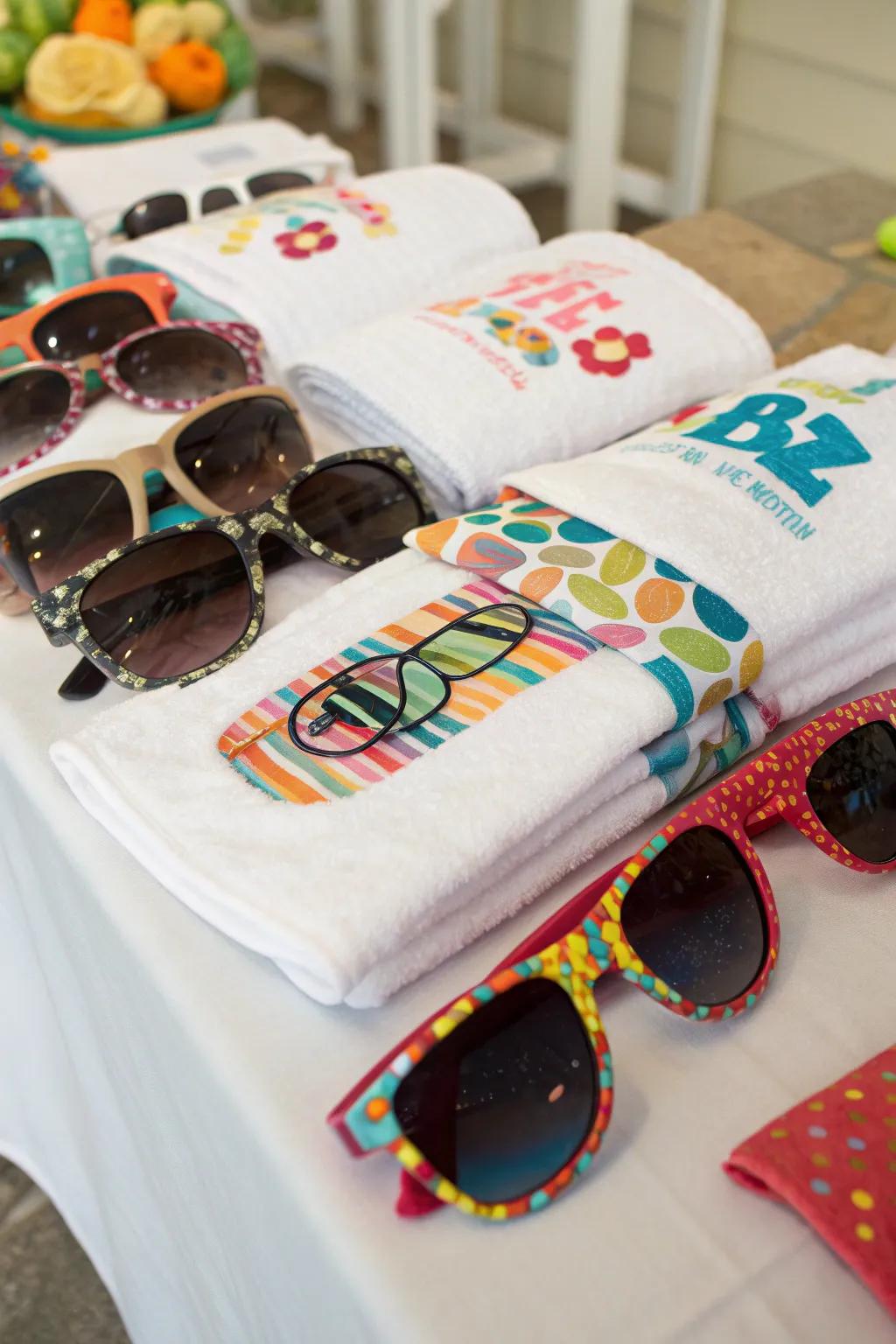 Personalized party favors including custom sunglasses and towels for guests.
