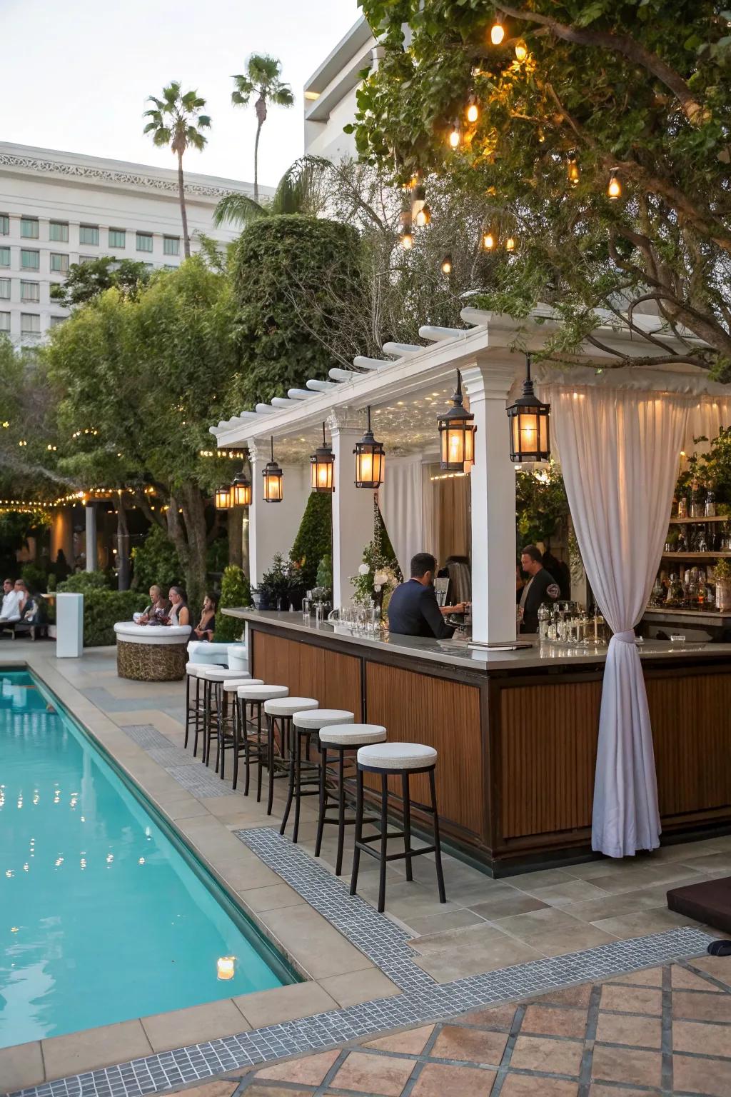An outdoor bar keeps the drinks and fun flowing at your poolside.