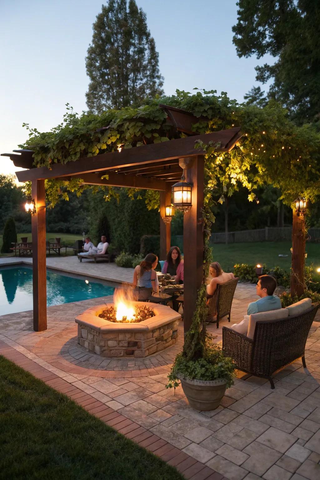 A pergola with a fire pit providing warmth and ambiance for cool evenings.