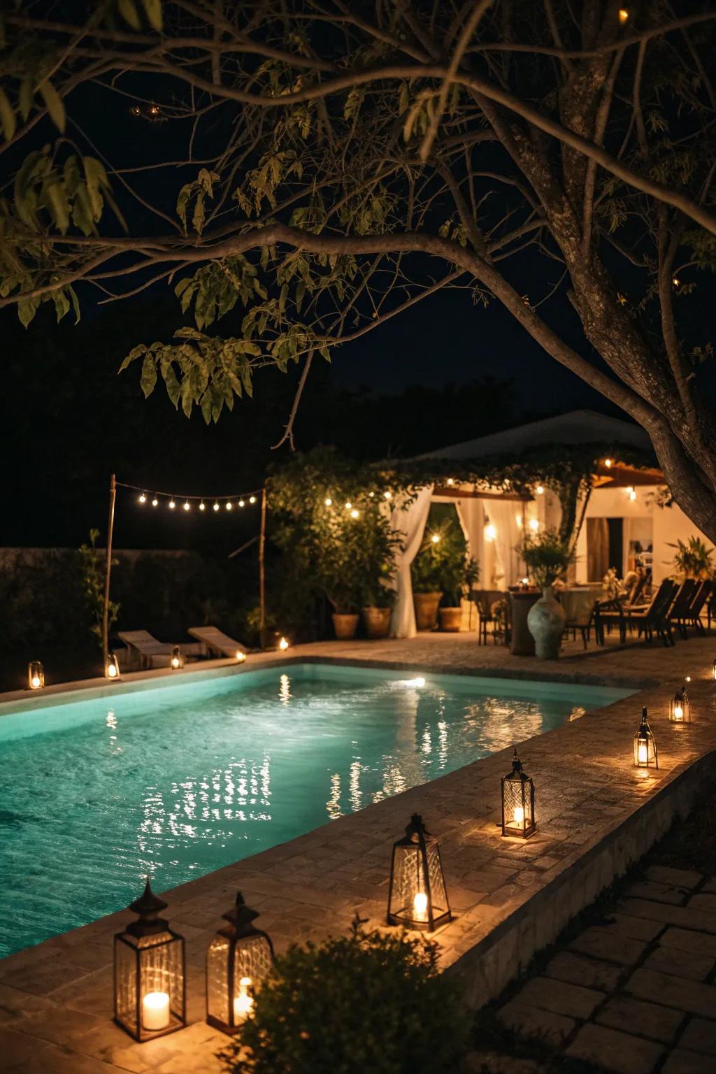 A pool glowing with ambient lighting.
