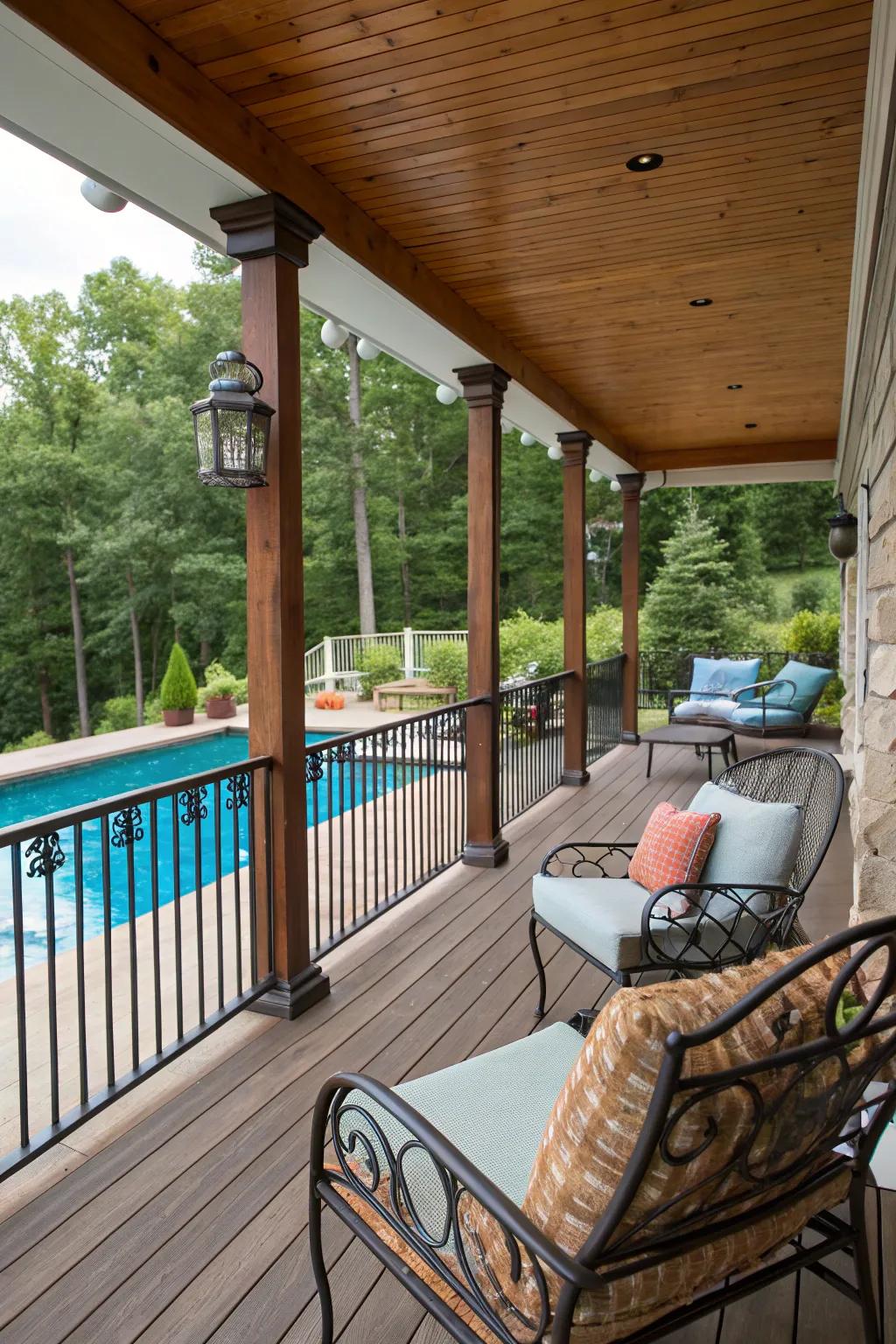 A dynamic poolside porch with a mix of textures.