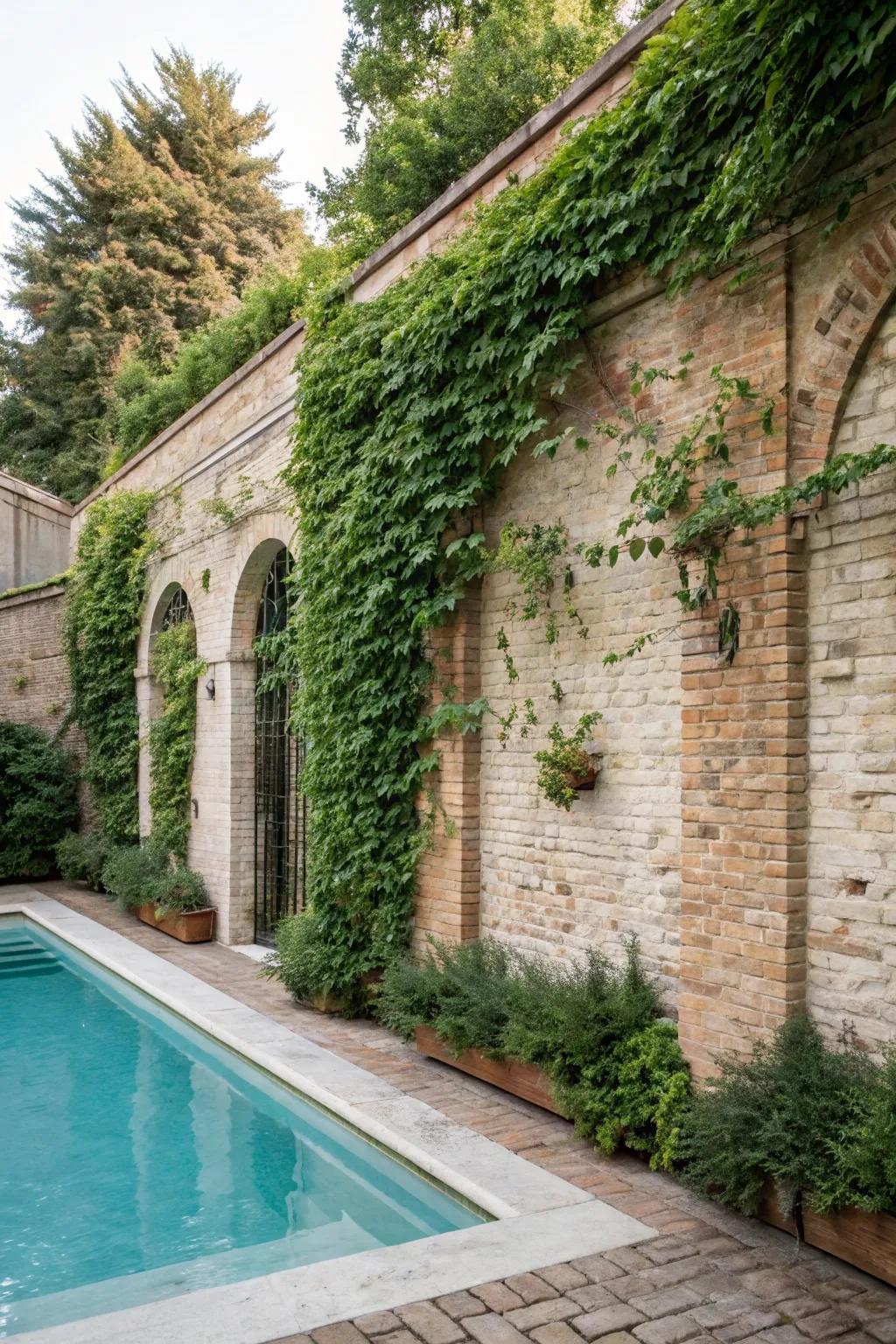 Brick and ivy create a classic and lush privacy setting.