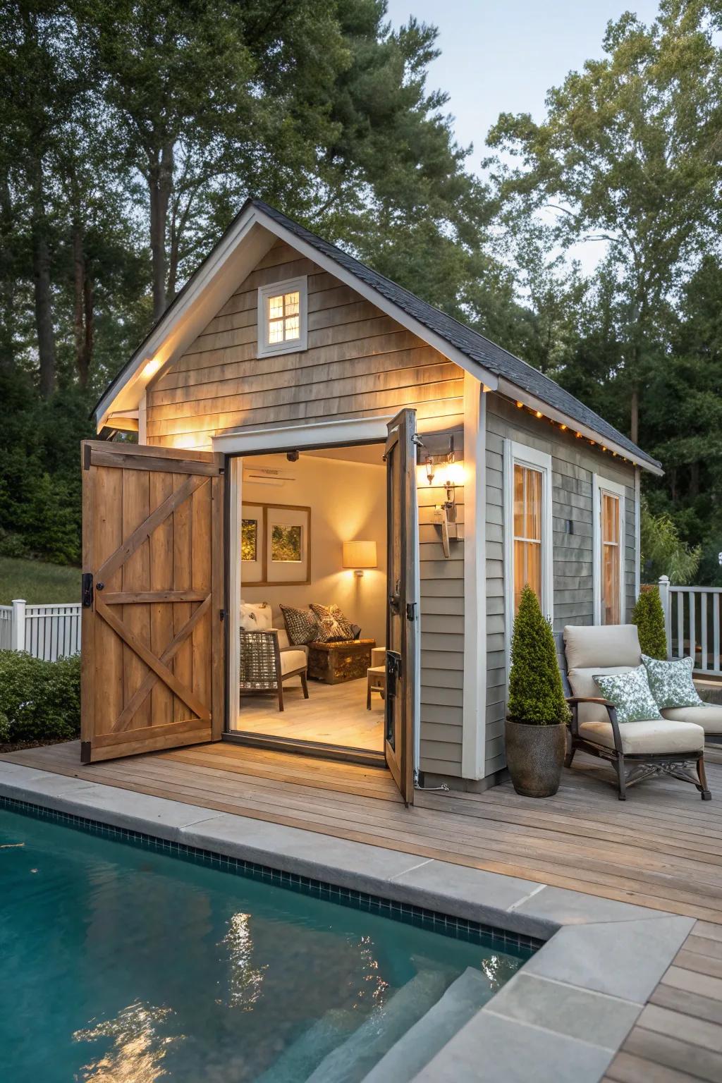 Tiny house transformation: Compact living by the pool.