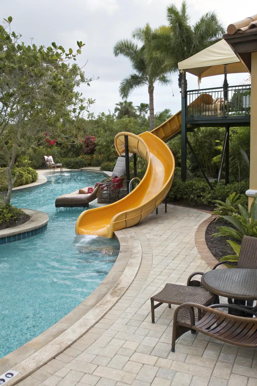 A pool slide with seating offers both fun and relaxation.