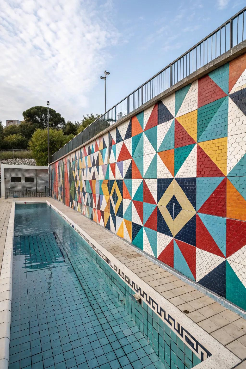 Geometric tiles create visual interest with bold patterns.