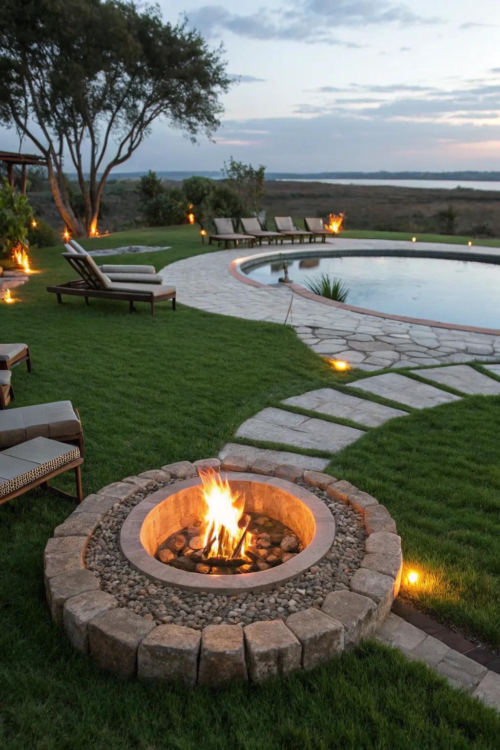 A cozy fire pit area on grass for poolside gatherings.