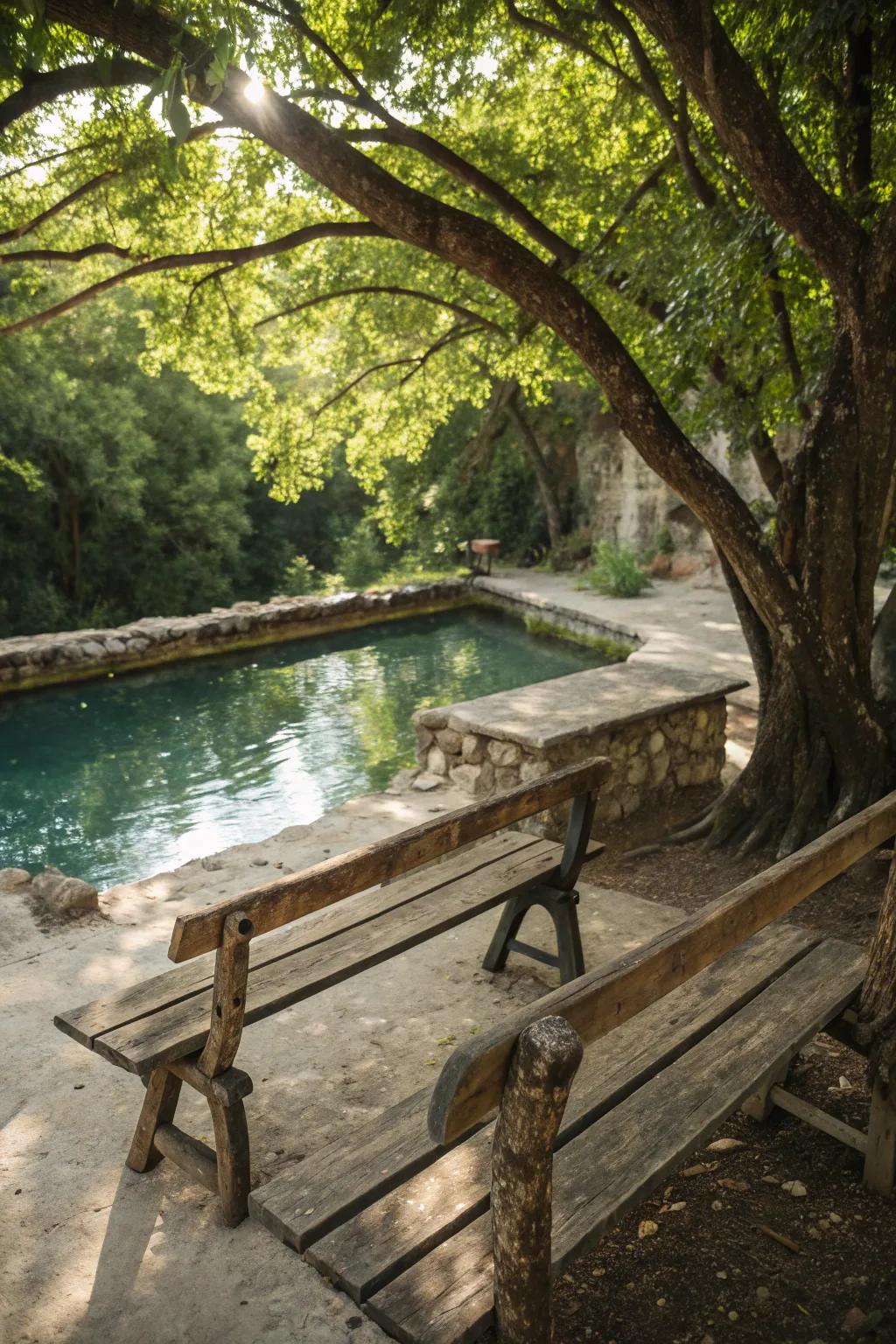 Rustic wooden benches offer charm and functionality by the pool.