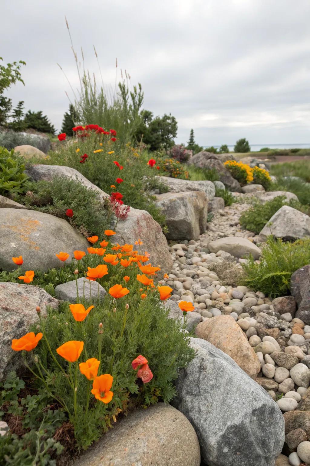 A rock garden featuring poppies that pop against the rugged backdrop.