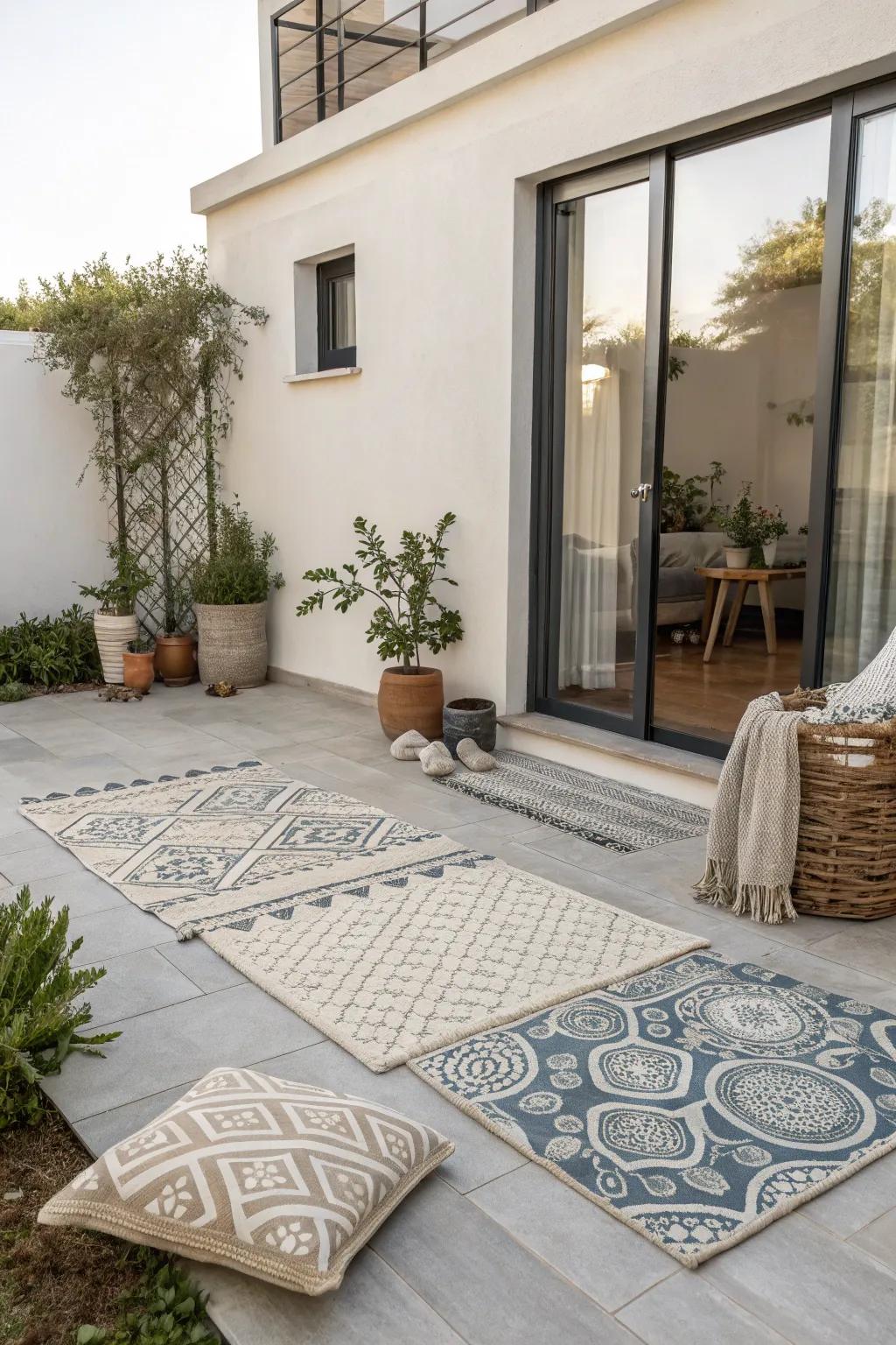 Outdoor rugs providing texture and warmth to the patio space.