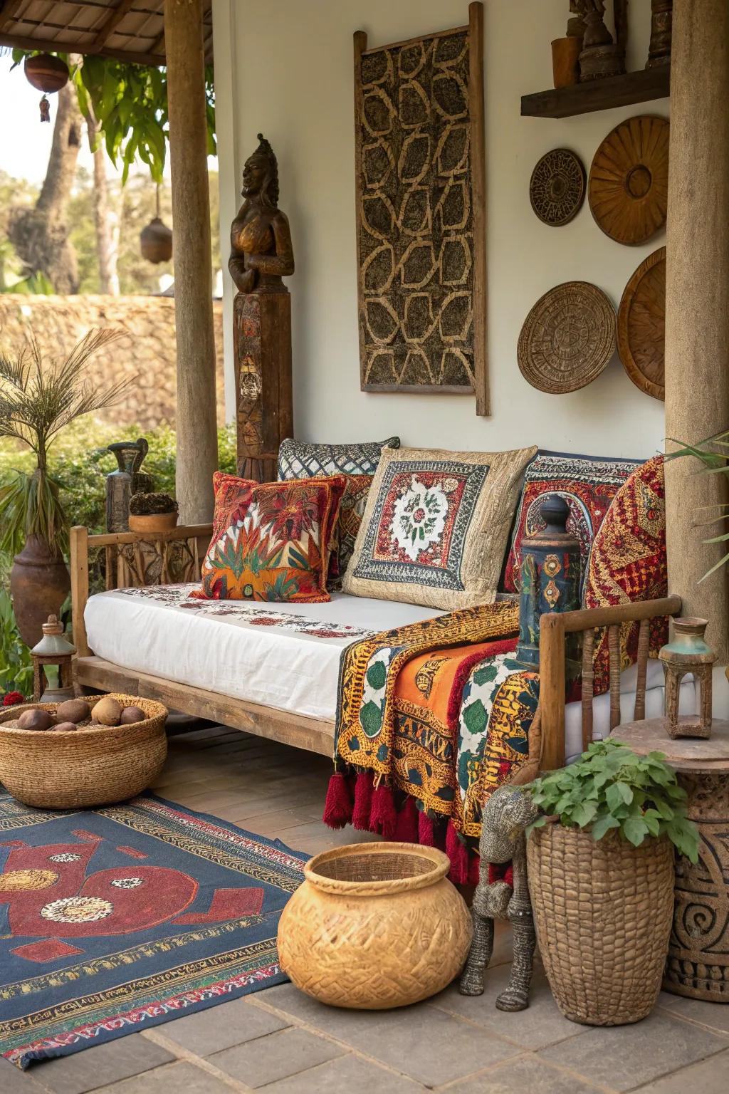 Global influences create an eclectic and vibrant porch bed.