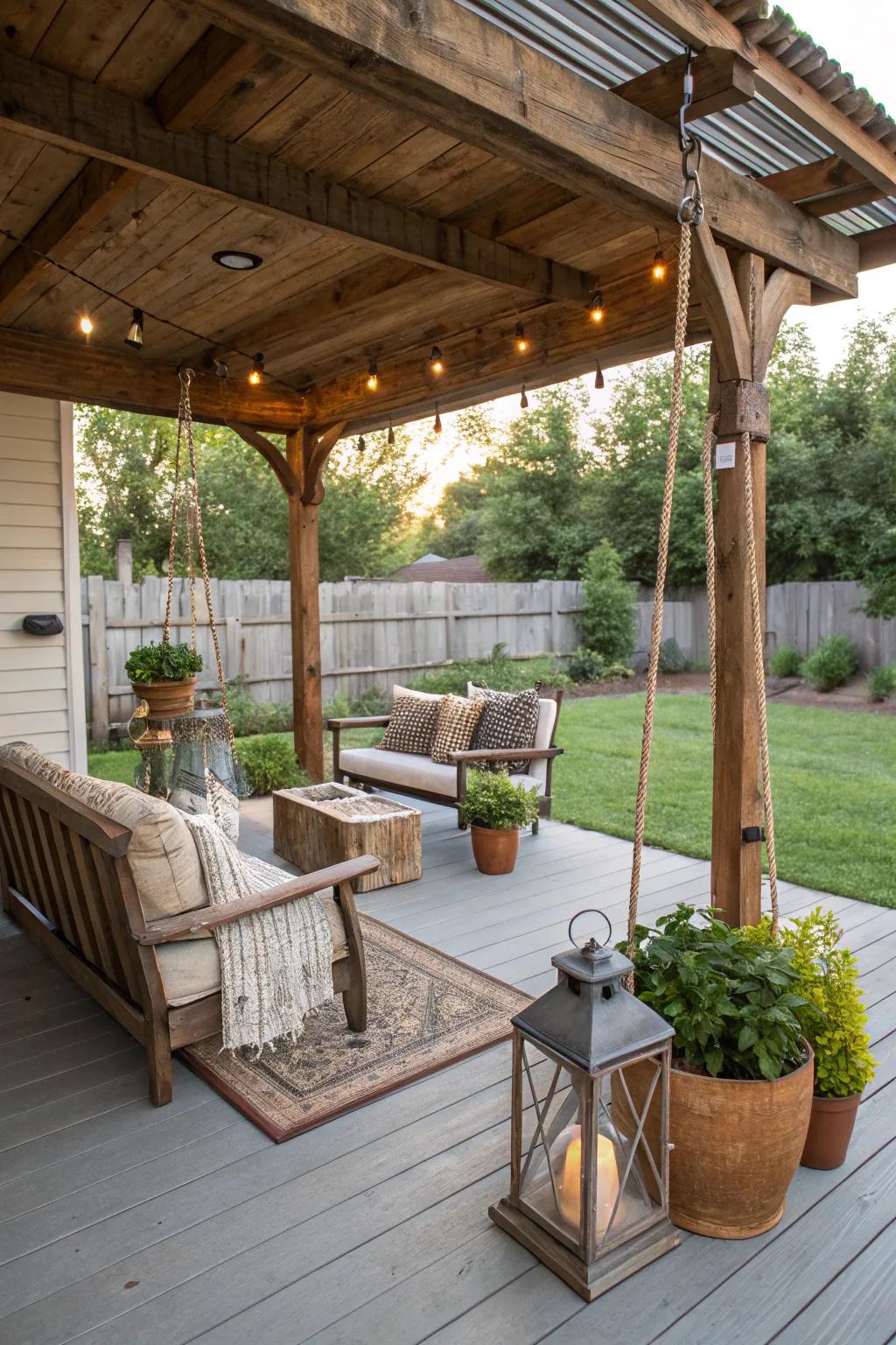Rustic warmth with a reclaimed wood canopy.