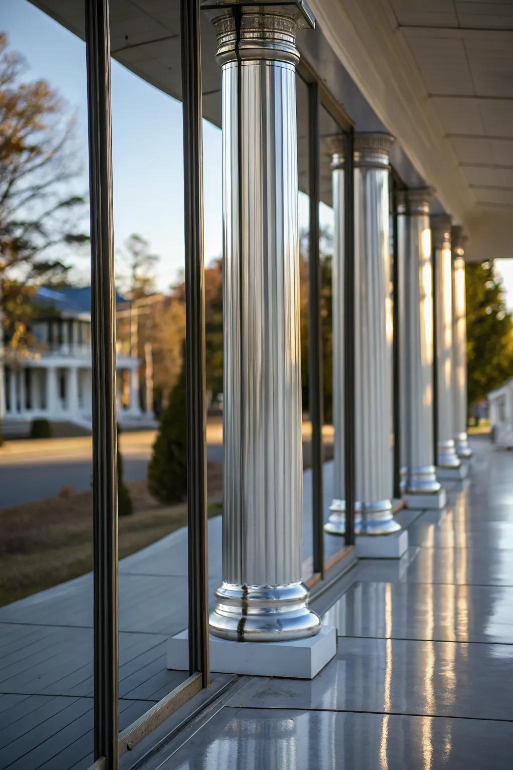 Mirrored surfaces bring a futuristic and sleek feel to porch columns.