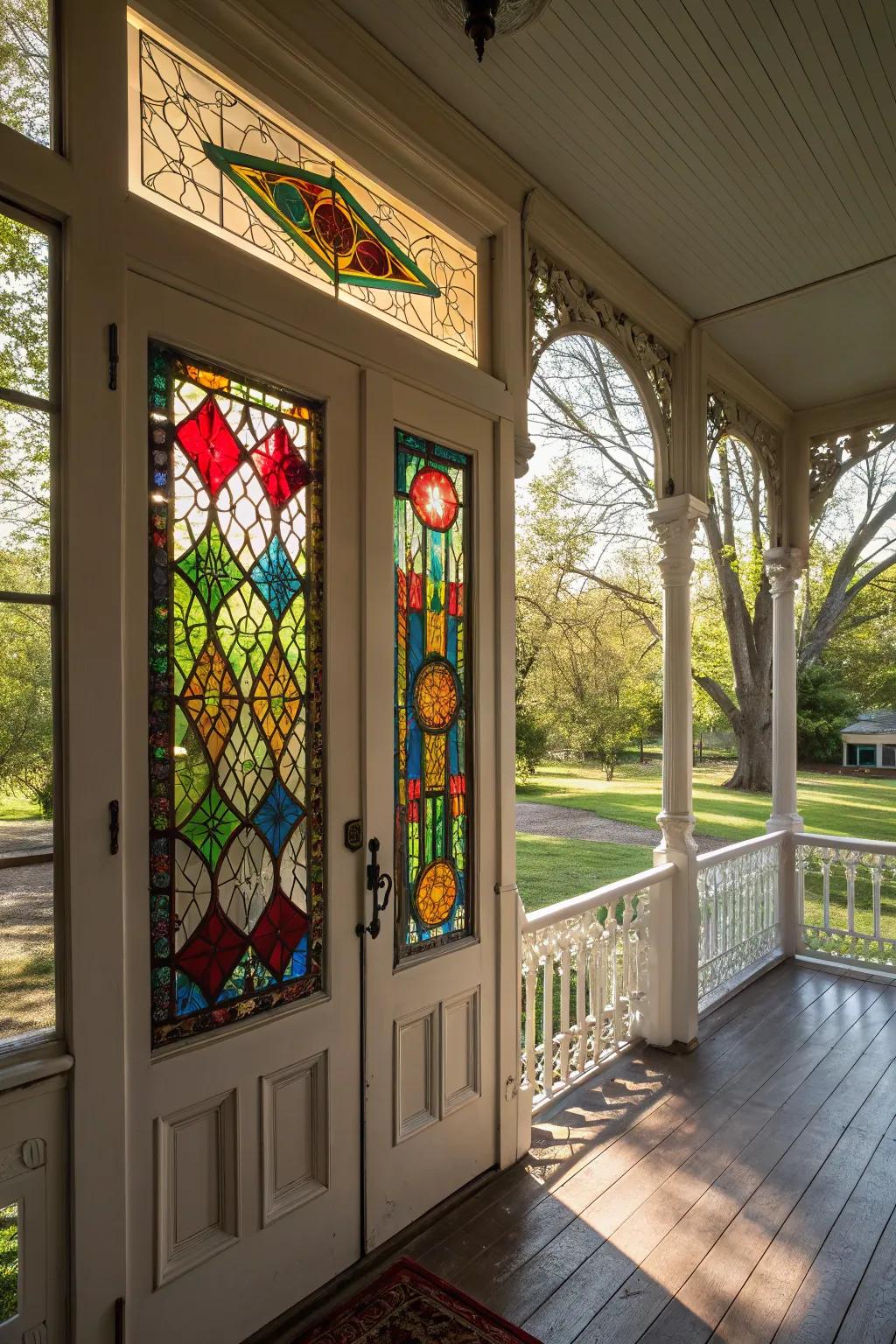 Colorful stained glass inserts add elegance and color to this porch door.