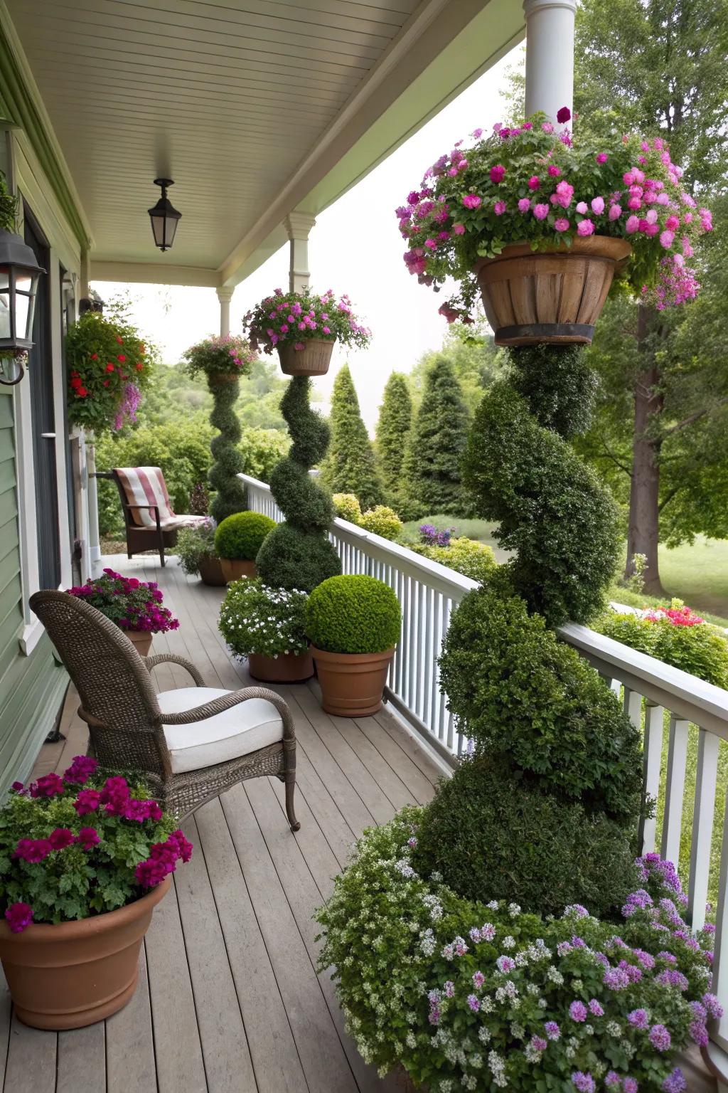 Topiary accents bring structure and elegance to porch flower displays.