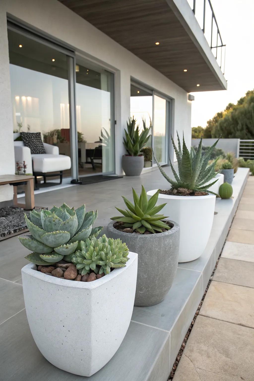 Sculptural succulents in modern pots provide a chic porch display.