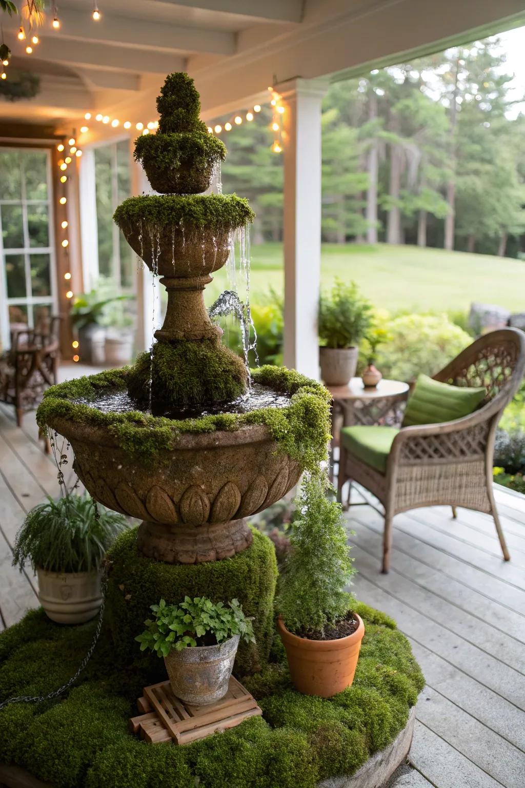 An eco-friendly moss fountain brings lush greenery to your porch.